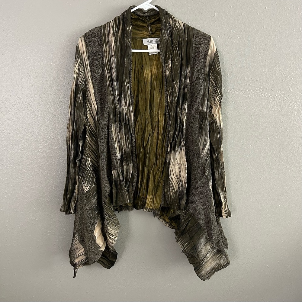 Anis A. Mixed Fabric Crinkle Open Front Waterfall Cardigan Sz S Roll Tab Sleeves